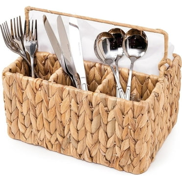 Woven Divided Cutlery Storage Organizer, Wicker Flatware Organizer,Rectangular Basket Holder for Kitchen Table, Cabinet, Pantry - Utensil Caddy for Forks, Knives, Spoons, 10 x 7.9 x 5.9 inches
