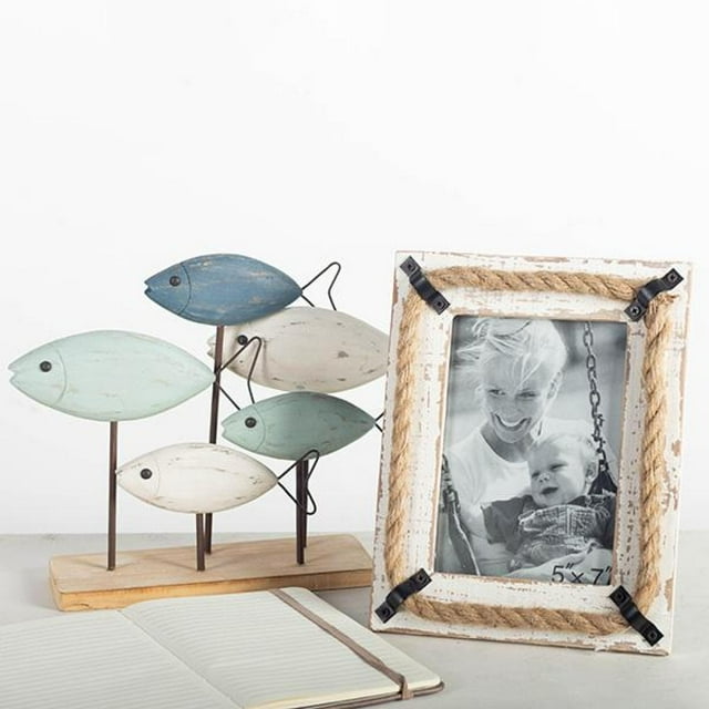Set of 2 Nautical Theme Washed White With Rope And Metal Accents Photo Frame