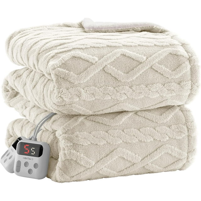 50x60 Heated Throw Blanket with Thick Tufted Cable Pattern,10 Heat Levels&10Timer Settings,Electric Throw with Intelligent Temperature Control,Machine Washable,Fast Heating,White