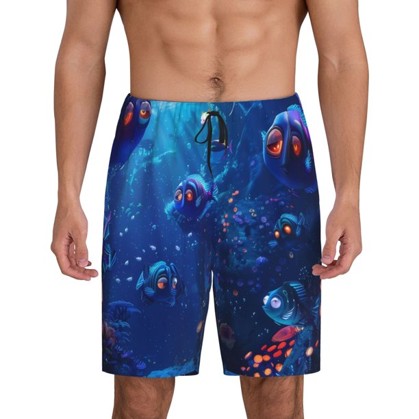 Balery Deep Sea Glowing Fishes Pantalones cortos de pijama de punto de algodón para hombre con cinturilla y bolsillos-3X-Large