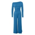 thumbnail image 6 of Women's 2 Piece Set, Off Shoulder Long Sleeve Top and Wide Leg Pants, Matching Lounge Sets for Women, Ruching Detail Loose Outfit for Casual Wear, Daily Outfits and Relaxation-Blue, 6 of 8