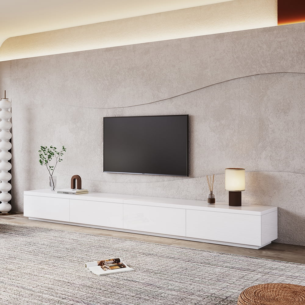 POVISON 118" Modern White Matte TV Stand，Minimalist Large Entertainment Center for up to 100 Inch TV with 4 Drawers