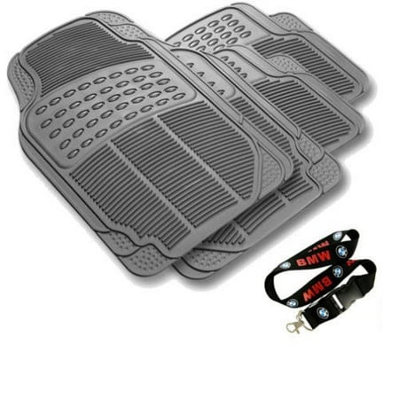 BMW Suv Car Truck Grey Smoke WaterProof Rubber Floor Mats Front & Rear Full Set & BMW Fancy Lanyard Keychain Holder