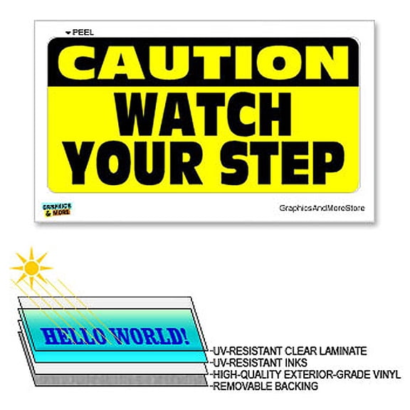 Caution Watch Your Step Yellow - 12 in x 6 in - Laminated Sign Window Business Sticker