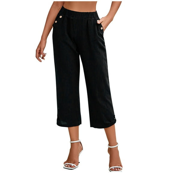Lovskoo Capri Pants for Women Trendy Solid Color Loose Pocket Button Casual Wide Leg Cropped Shorts Black