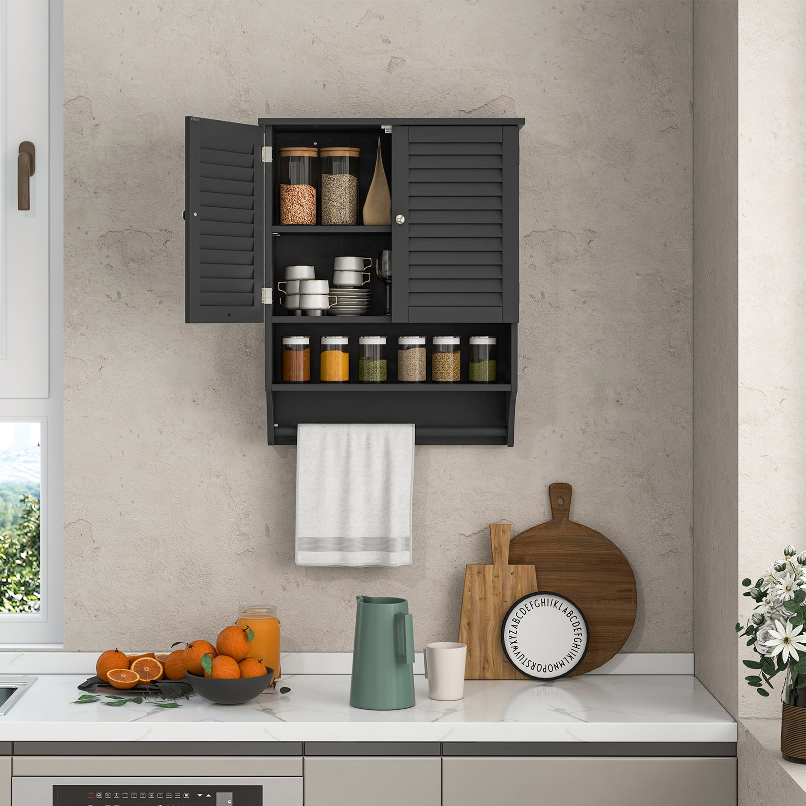 Giantex Wall Mounted Bathroom Cabinet w/Bar, Medicine Cabinet w/Double Louvered Doors, Storage Cabinet, Black