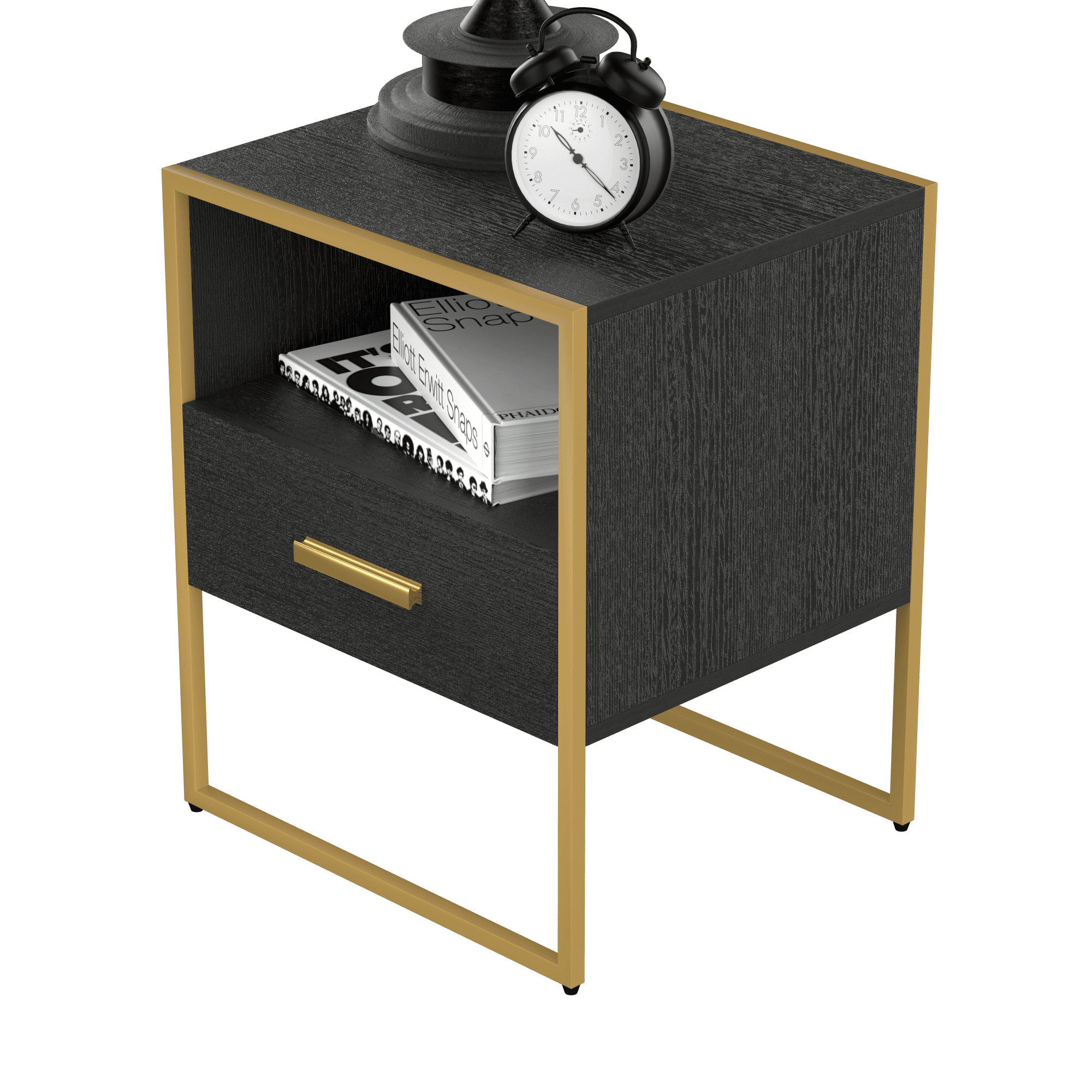 Resenkos Wood Night Stand with Drawers and Open storage, Accent Nightstand Matte Gold Steel Legs, Gold&Black Resenkos Wood Night Stand with Drawers and Open storage, Accent Nightstand Matte Gold Steel Legs, Gold&Black