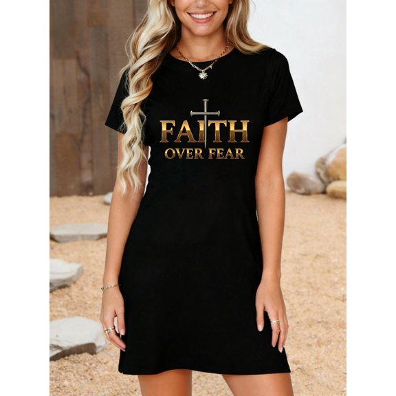 Christian Faith Over Fear Cross Prayer T-Shirt Dress Casual Summer Dress Everyday Outfit