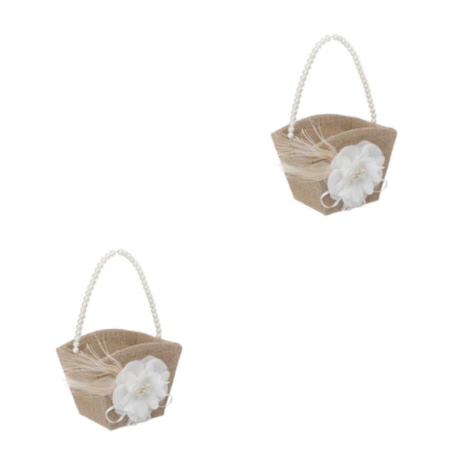 Cateissary Cesta de flores de arpillera rústica con mango de perla Cesta de niña duradera y de moda con mango de perla cesta de flores canasta de flores 2Conjunto