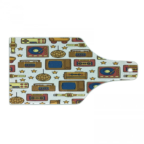 90s Cutting Board, 90s Theme with Old Style House Devices Roller Skate Shoes Fun Dance Style Retro Pattern, Tempered Glass Cutting and Serving Board, Wine Bottle Shape, Mustard, by Ambesonne