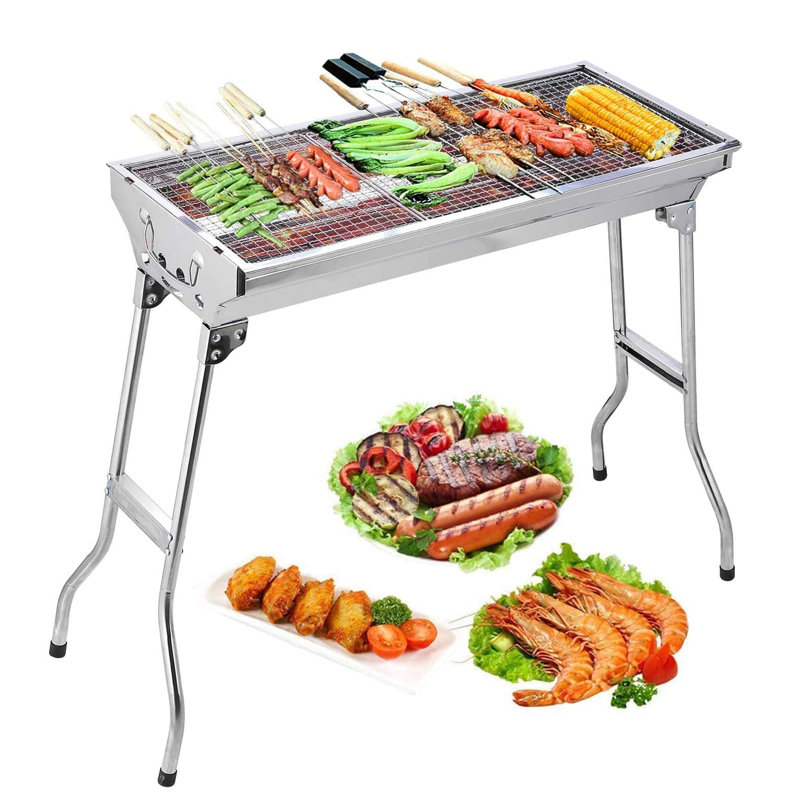 Barbecue Charcoal Grill, Stainless Steel Folding Portable BBQ for Outdoor Cooking, Camping and Picnics, Easy Carry Design, Silver