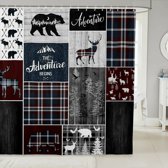 Rustic Cabin Lodge Bath Curtain, Bear Deer Wildlife Waterproof Bathroom Curtains 72" W X 72" L, Country Forest Animal Shower Curtain Retro Plaid Patchwork Bathroom Accessories Farmhouse Decorations