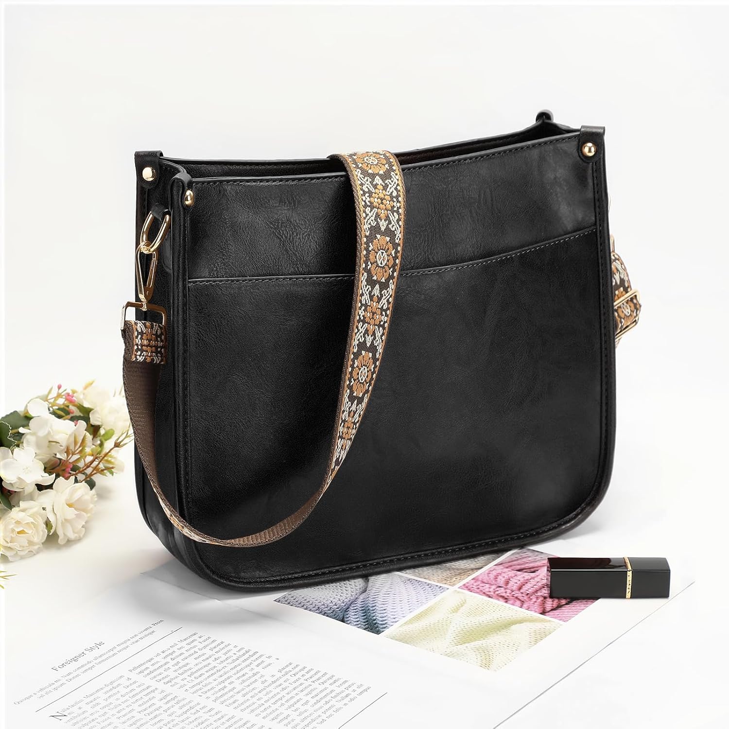 Crossbody Purse for Women Trendy Vegan Leather Hobo Bags for Women Handbags and Wallet 2PCS With Guitar Shoulder Strap