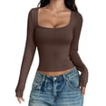 thumbnail image 1 of Womens Long Sleeve Shirts Crop Tops Square Neck Going Out Basics Tees Y2K Winter Clothes Dark Brown M, 1 of 7
