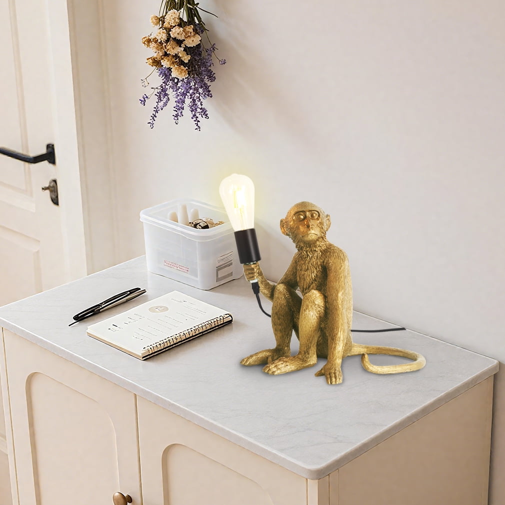 Elinkume Monkey Table Lamp, Resin Design Table Lamp, Bedroom, Living Room 4.33*12 inches (Gold)