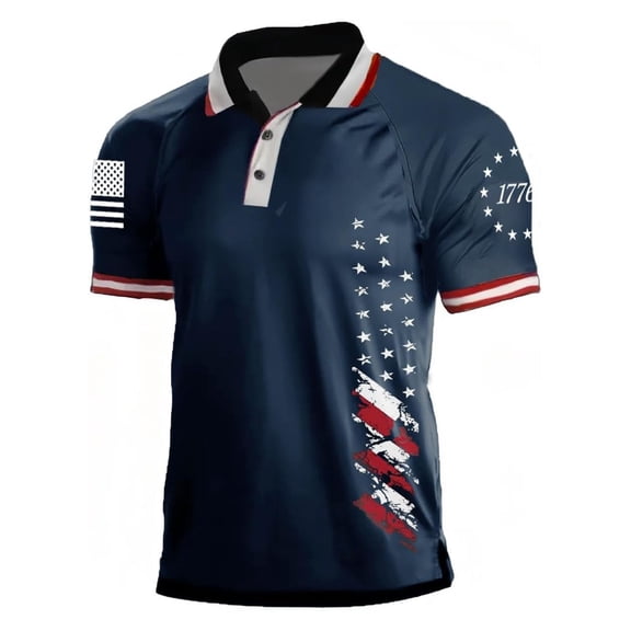 Men's Casual Polo Tops Anniversary Print Raglan Sleeve Short Sleeve Knit Business America Flag 250Th Birthday Shirts Navy L
