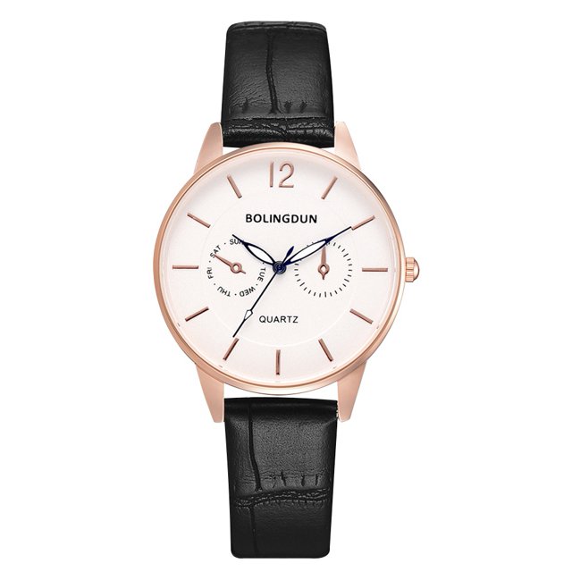 Reloj de pulsera de cuarzo de negocios con esfera redonda para hombre y mujer de cuero de PU de moda (mujer de oro rosa)