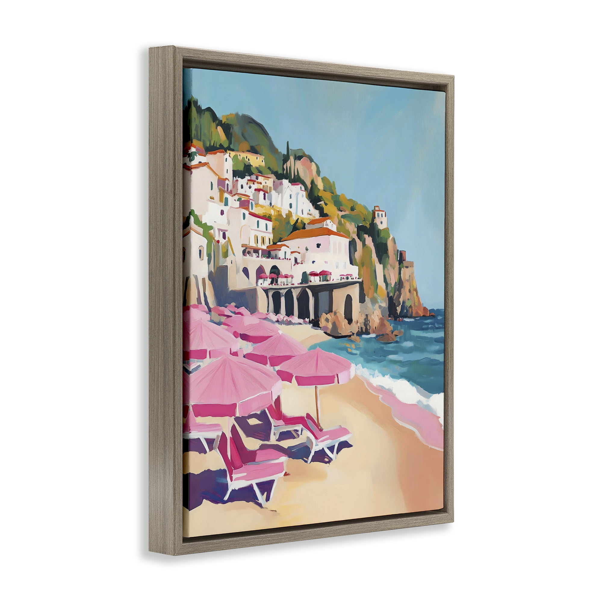 Stupell Industries Pink Beach Chairs on Shoreline Brown Framed Floater Canvas Wall Art, design by The Prints Vibe