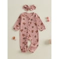thumbnail image 2 of Newborn Baby Girls Christmas Print Footie Romper Waffle Long Sleeve Ruffle Jumpsuit Headband Set Fall Winter Clothes, 2 of 8