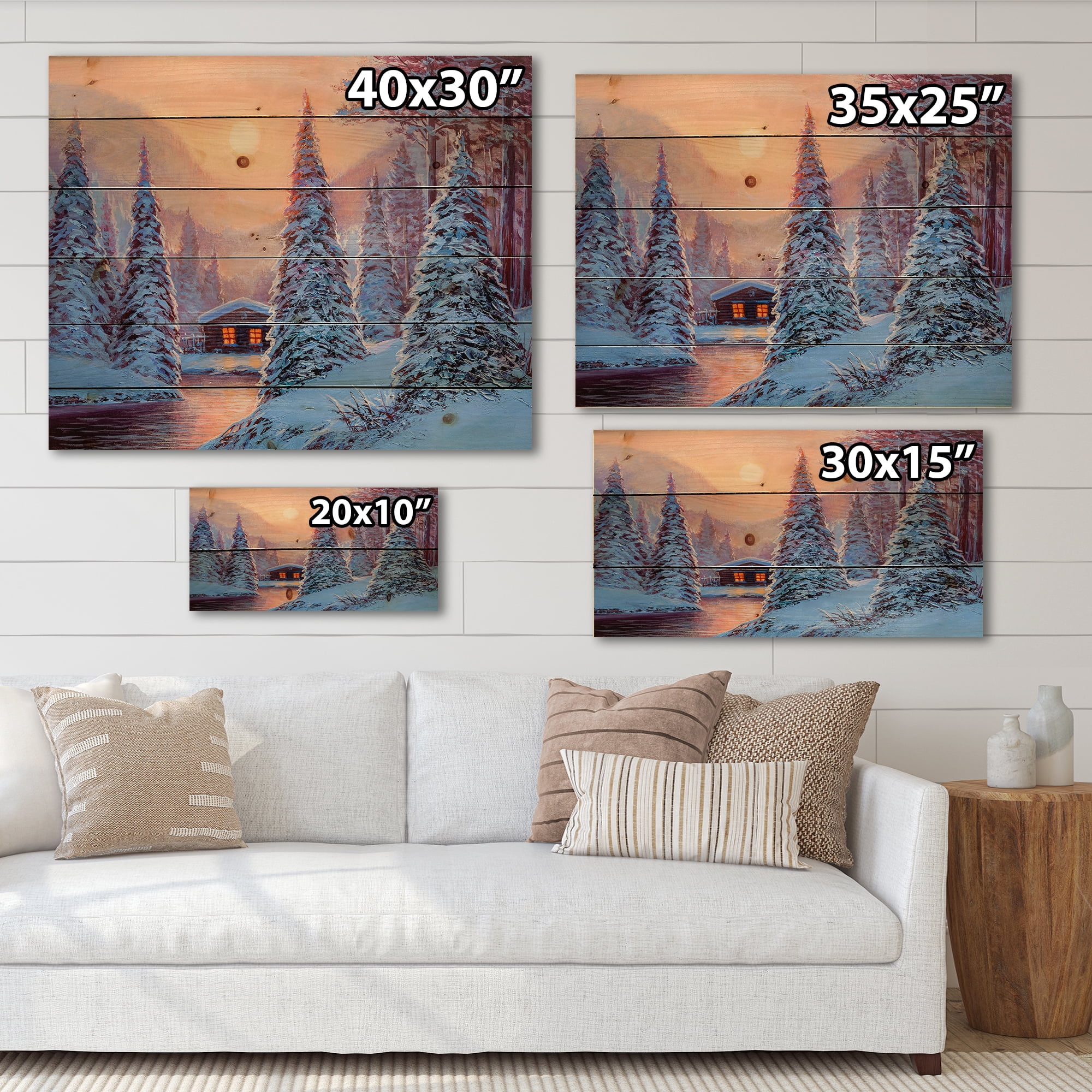 Designart 'The River House In The Woods and Winter Landscape I' Lake House Print on Natural Pine Wood