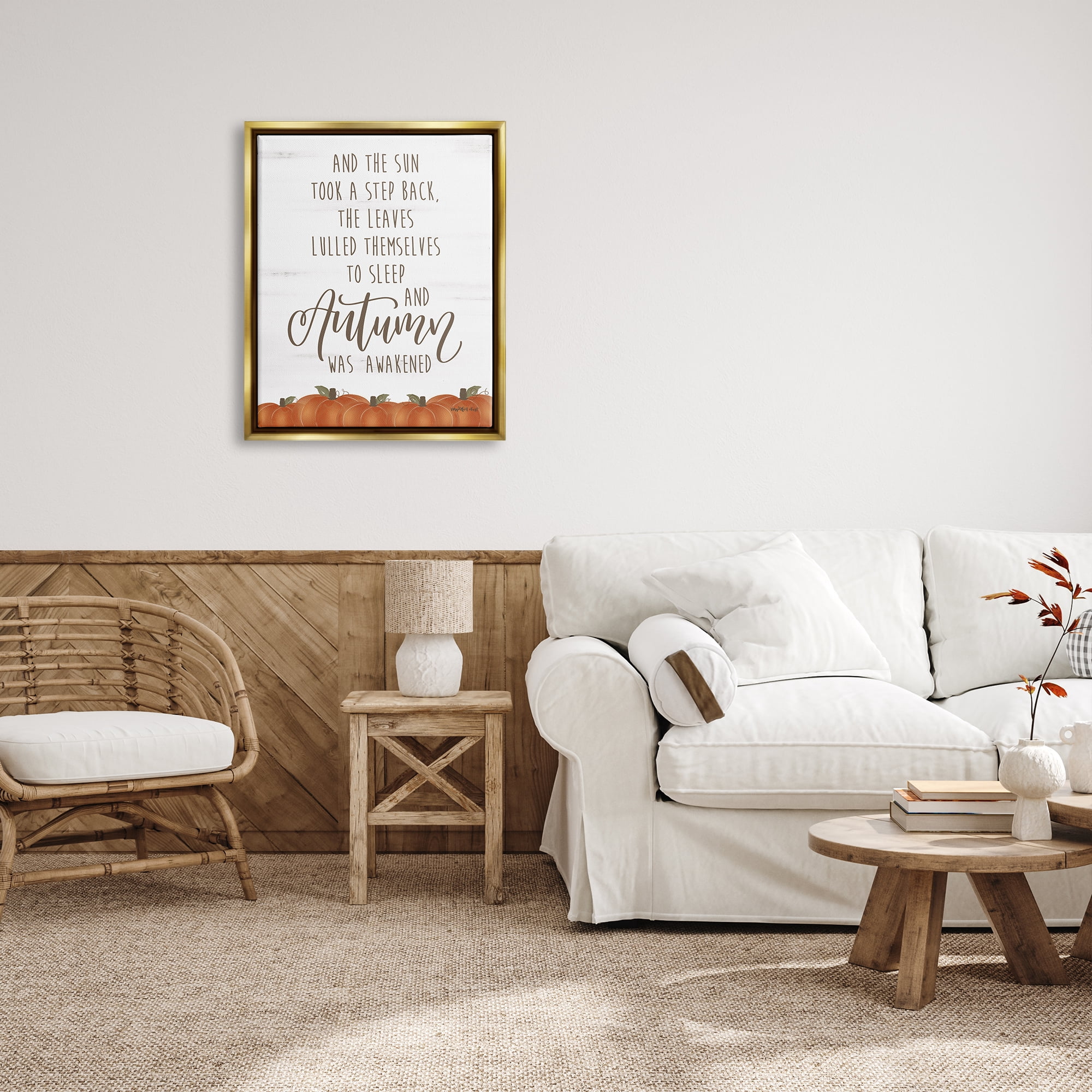 Stupell Industries Autumn Awakened Phrase Inspirational Painting Gold Floater Framed Art Print Wall Art, 25 x 31