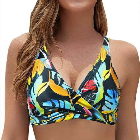 ZQGJB Women Full Coverage Bikini Top No Bottom Sexy Floral Printed Push up Swimsuits Top Sport Bra Bathing Suits Tops(Multicolor L)
