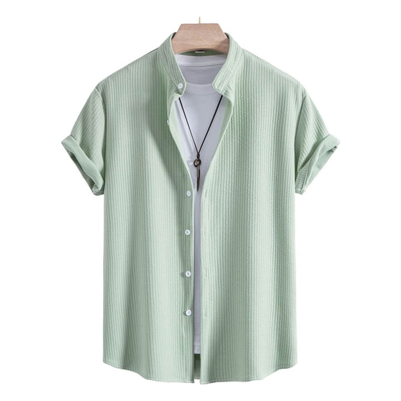 Kalauyu Men's Button Down Short Sleeve Shirt Casual Knit Turndown Collar Summer Shirts with Pocket