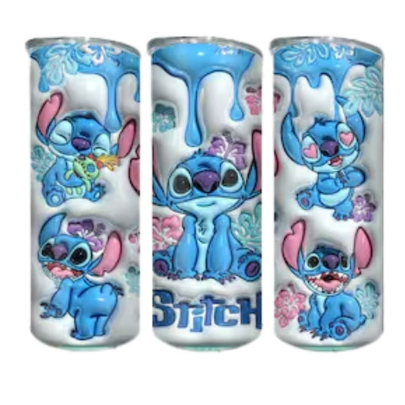 3D Inflated Stitch 20oz Skinny Hot and Cold Tumbler Cup with Metal Straw and Cleaner