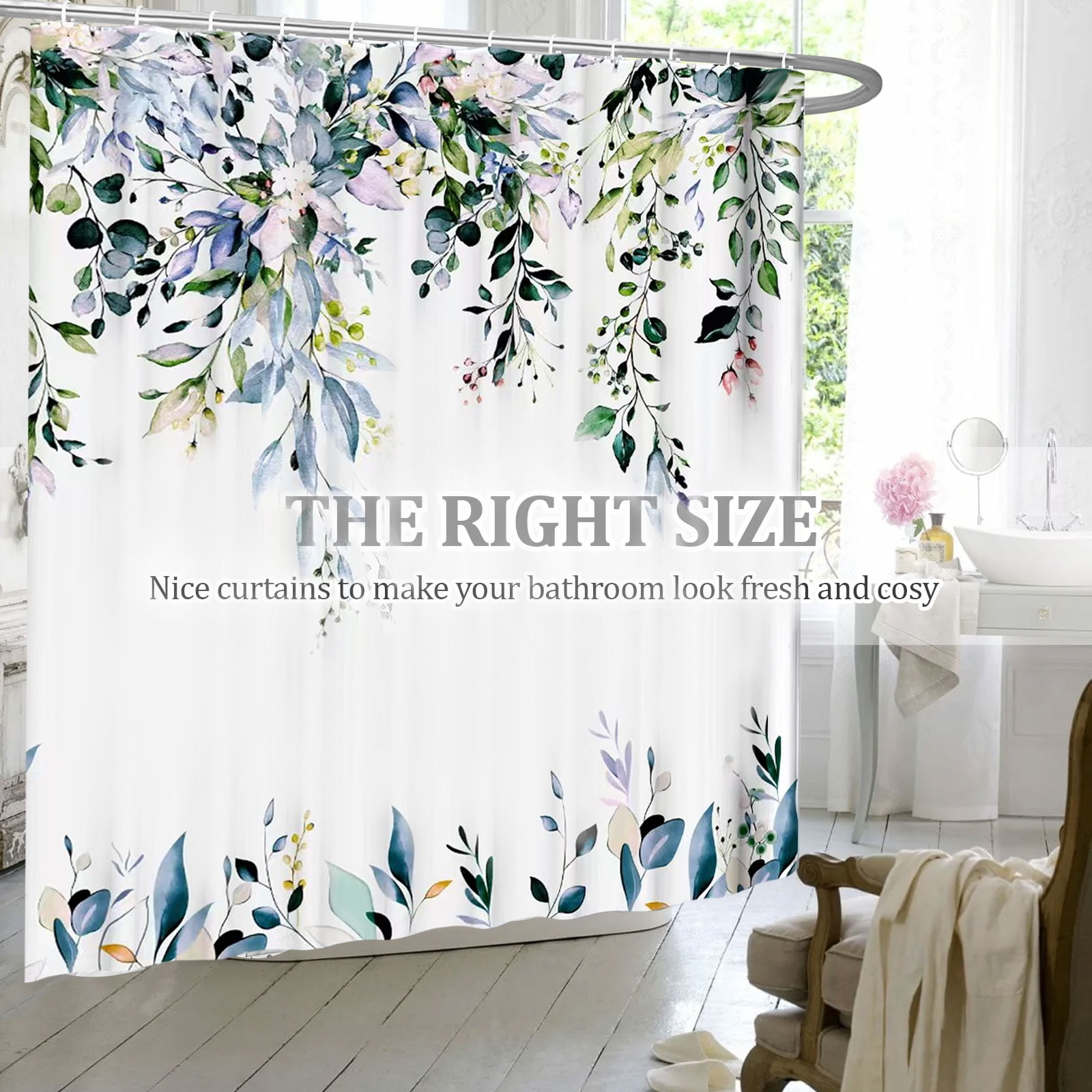 Dznils Blue Green Eucalyptus Fabric Shower Curtain, Watercolor Floral Pattern with Hooks, 72" x 72"