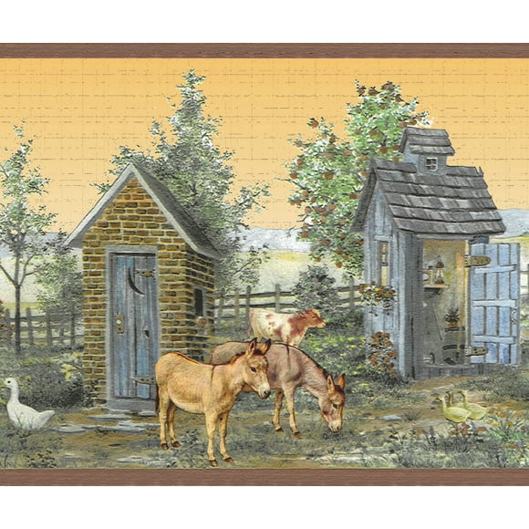 Dundee Deco's Peel and Stick Wallpaper Border - Country Brown, Beige Outhouses, Farm Animals Wall Border Retro Design, 15 ft x 7 in (4.57m x 17.78cm), Self Adhesive
