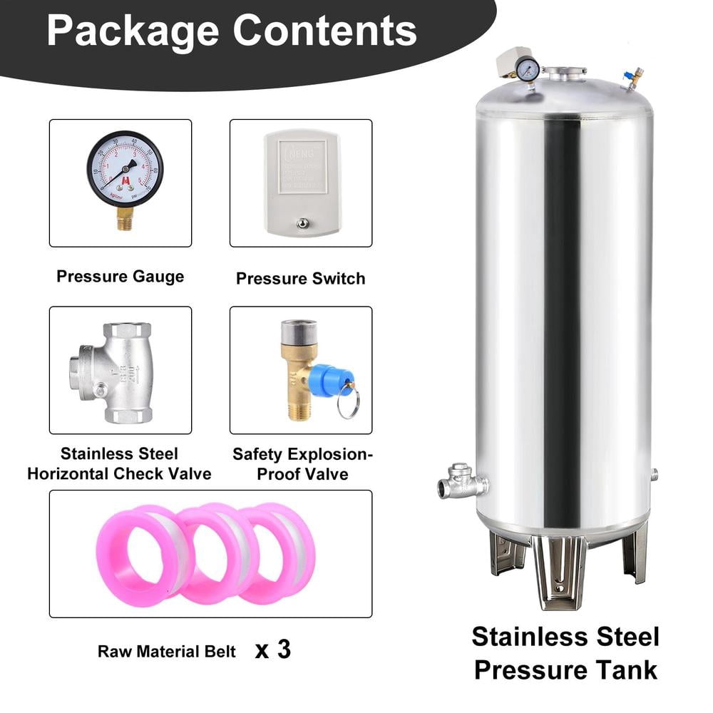100L/26.4gal Pressure Tank for Well Pump, Fully Automatic Well Pressure Tank Stainless Steel Water Pressures Tanks W/Mounting Kit for Wells Pump/Water System, Agricultural Waters, Residential