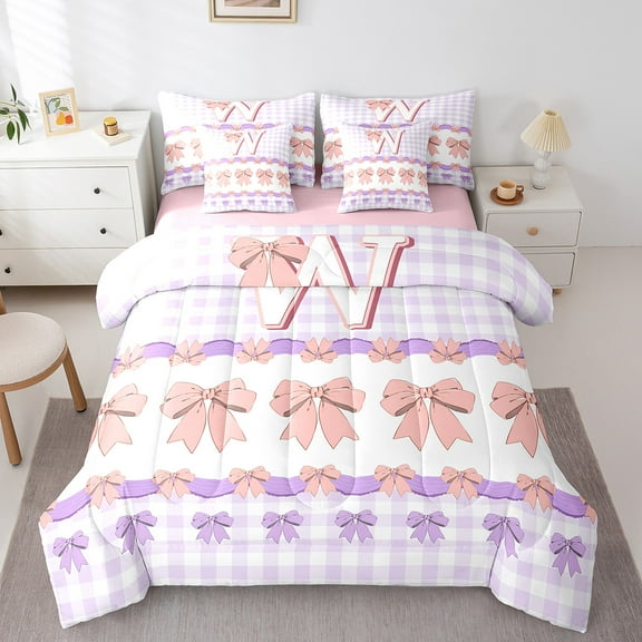 Erosebridal Cartoon Initial Bedding Sets Twin Size,Dreamy Princess Comforter Sets with Sheets,Kawaii Bowknot Bed in a Bag Twin size,Breathable Geometric Bedroom Decoration,Reversible,7pcs