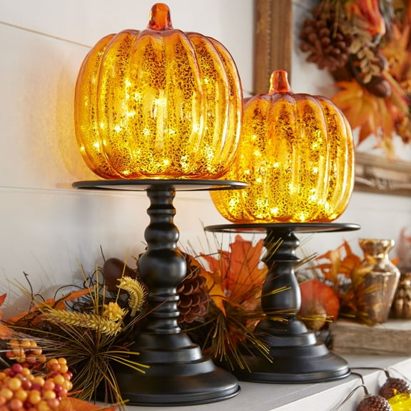 BrylaneHome 11"H X 6"Diam. Pre-Lit Mercury Glass Pumpkin On Metal Standard