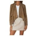 thumbnail image 2 of Lovskoo 2024 Women's Faux Suede Jacket Open Front Lapel Draped Outwear Jacket Blazer Irregular Hem Long Sleeve Cardigan Khaki, 2 of 5