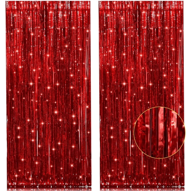 PIGETALE, 2 Paquetes de 3.2x8.2 Pies Cortinas con Flecos de Aluminio Negro y Rojo Decoraciones para Fiestas, Cortinas de Oropel Telón de Fondo Serpentinas para Cumpleaños Graduación Fiesta Tema Extrañ
