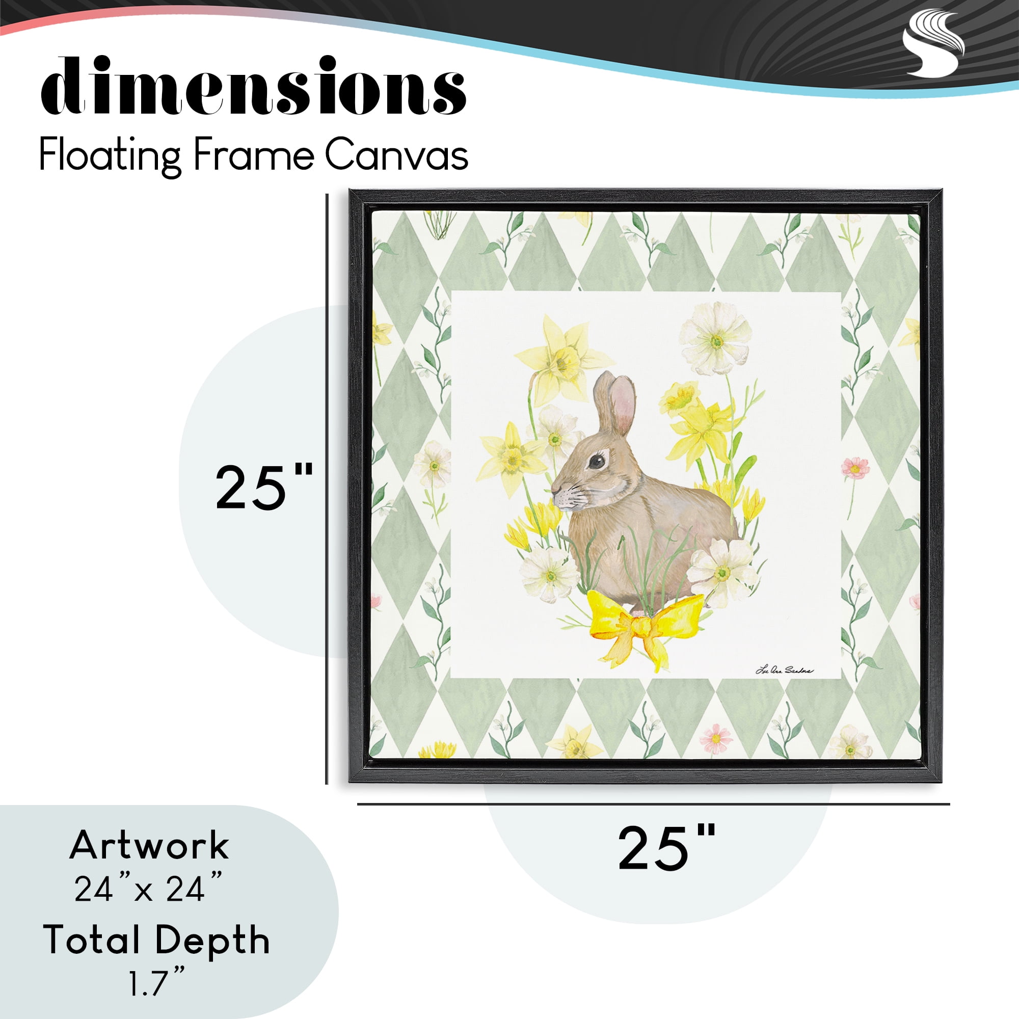 Mother Bunny on Green Argyle Black Framed Floater Canvas Wall Art, design by Lee Ann Sanders