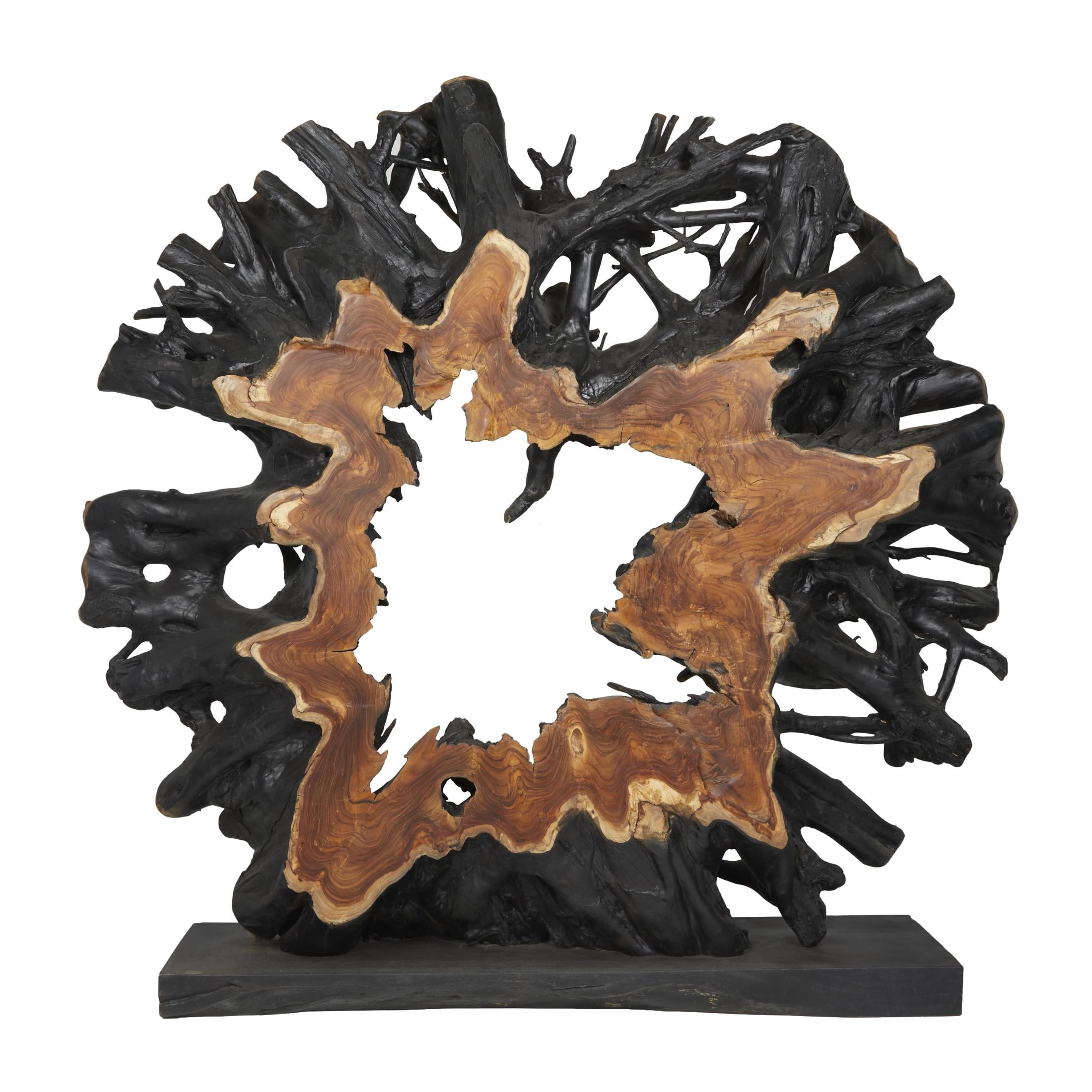 77" x 75" Brown Teak Wood Handmade Large Oversized Tree Root Floor Abstract Sculpture with Live Edge Teak Base, by DecMode