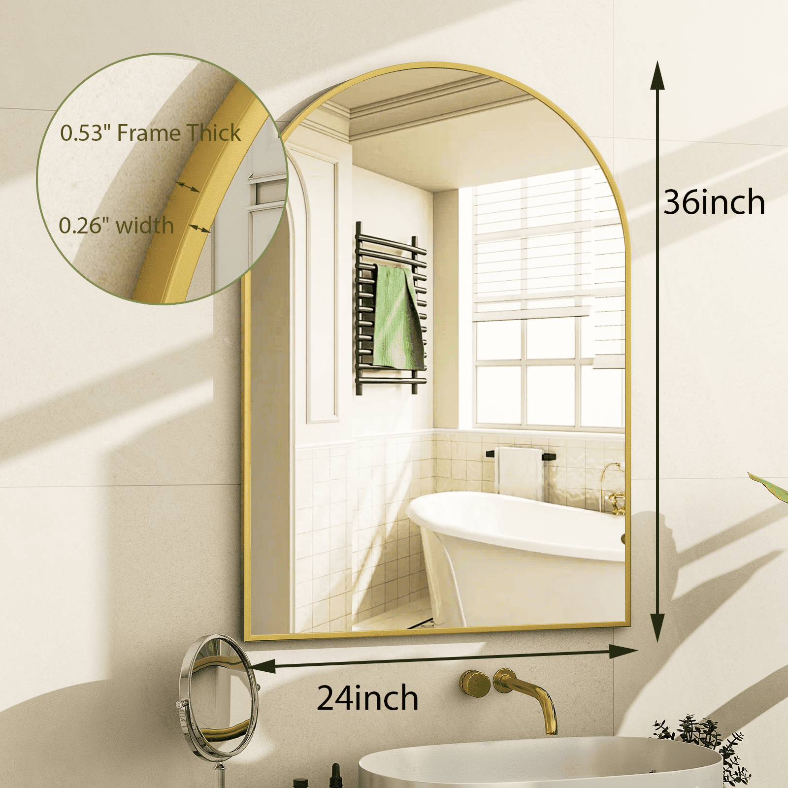 SHATTERVIEW 24"x36" Arched Bathroom Mirror Vanity Wall Mounted Mirror, Gold