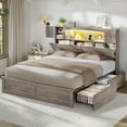 thumbnail image 2 of Farmhouse Storage Bed Frame, Queen Platform Bed with Bookcase Headboard and 4 Drawers, No Box Spring Needed, Gray Industrial Wood Bedroom Furniture, 2 of 9