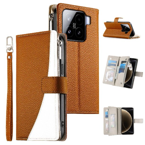 Funda cartera GANGXUN para Xiaomi 15 , cuero PU con tarjetero, cremallera, correa de mano, soporte y protección 512°