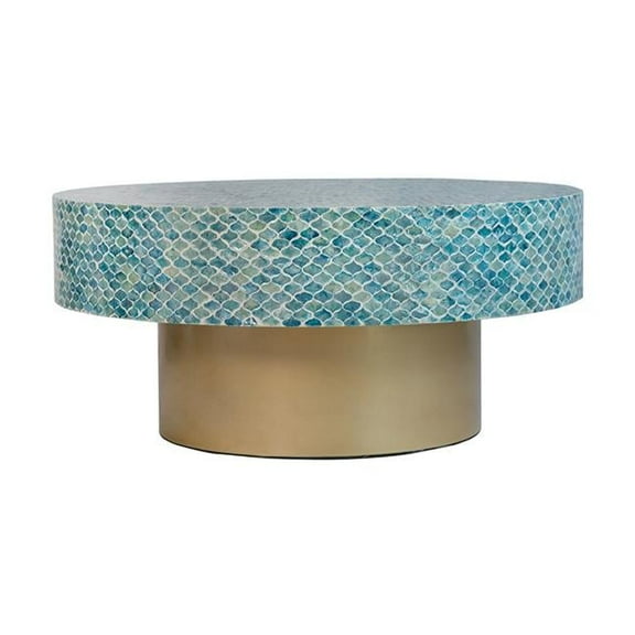 35 in. Piki Round Coffee Table with Mughal Capiz Inlaid Pattern, Blue & Gold
