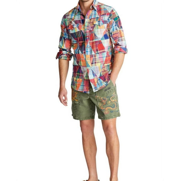 Polo Ralph Lauren Big Men's Multi Long-Sleeve Patchwork Madras Sport Shirt, 2XLT