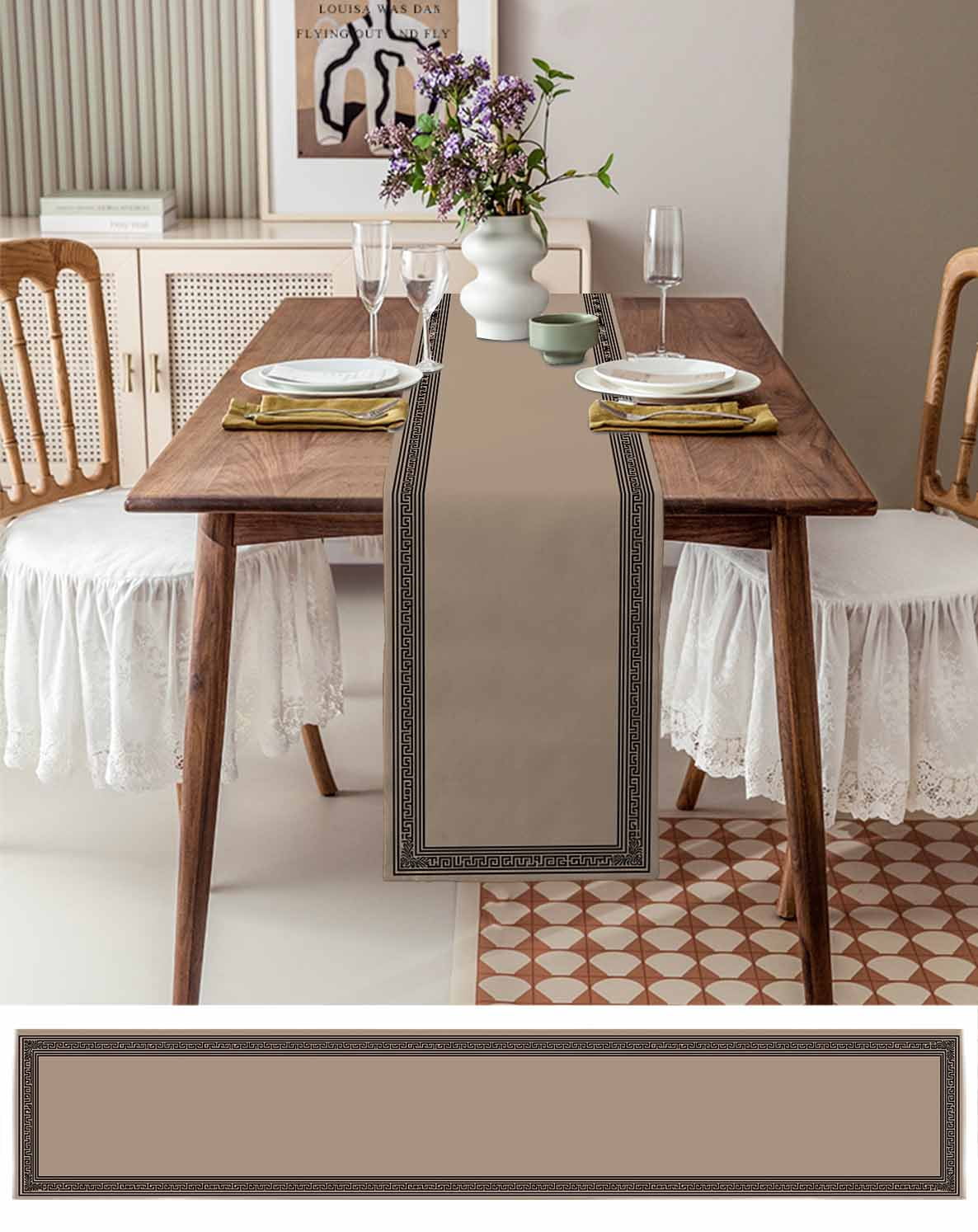 Table Runner 72 Inches Long for Kitchen Dining, Brown Geometric Dresser Scarf Farmhouse, Dining Table Decorations for Wedding/Parties, Black Greek Key Design Abstract Modern Art 13 x 72 In