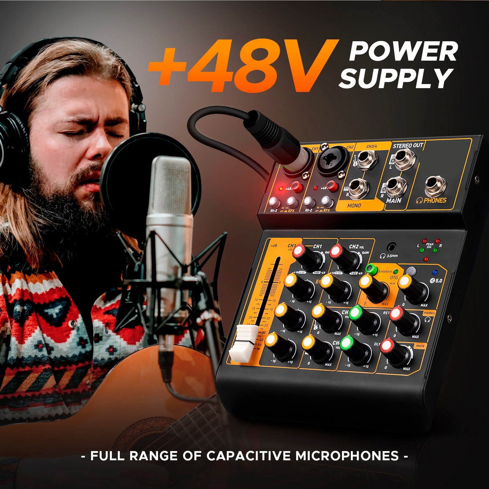 Mini4 Mixer Interface DJ Console Bluetooth 5.0 OTG Reverb 48V Sound Card for Live Broadcast