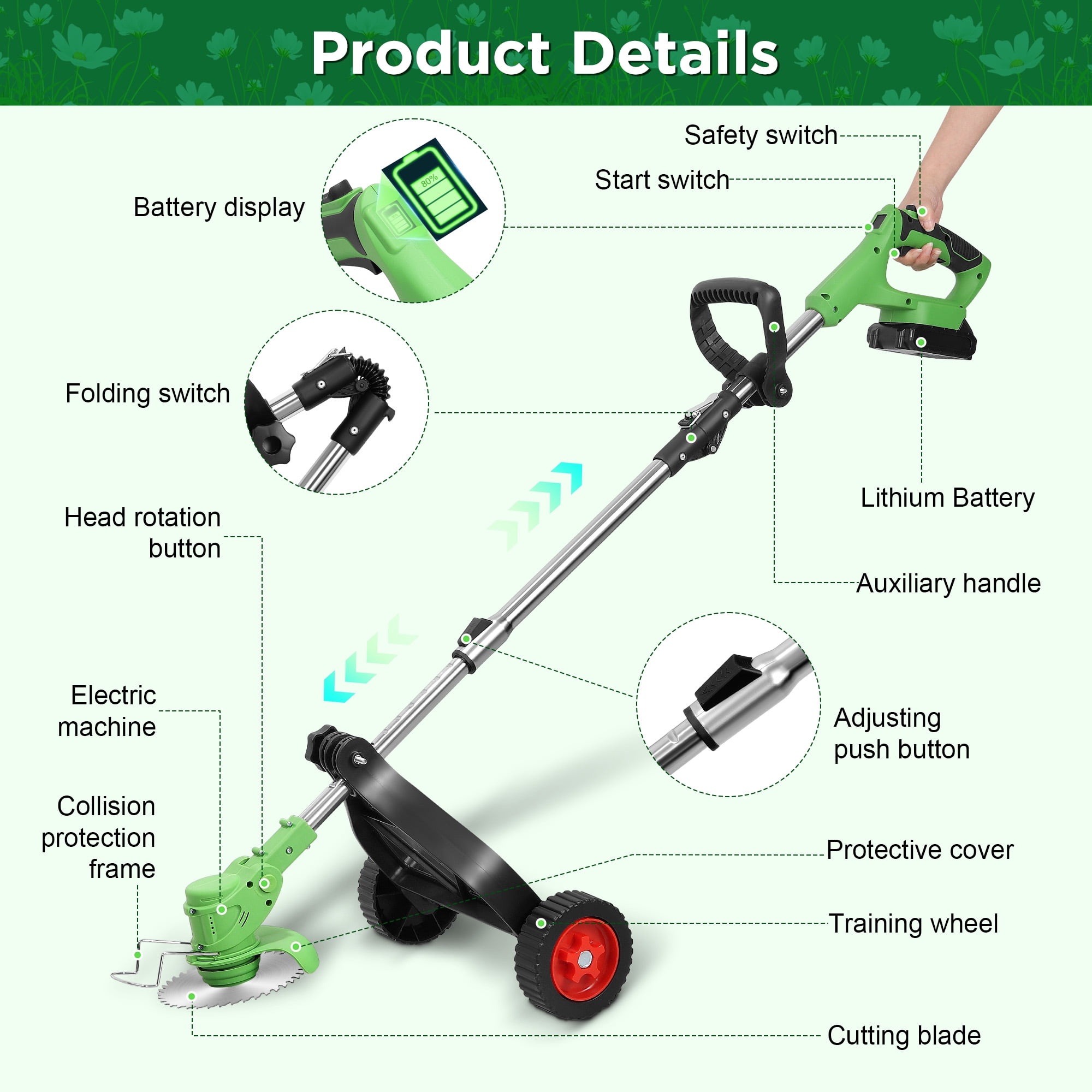RELOIVE Weed Eater,Cordless Weed Trimmer,Electric Weed Wacker, with 2PCS 3000mAh Batteries and Charger, 5-in-1 String Trimmer with Wheels, 43.3''-53.1'' Adjustable for Garden Yard