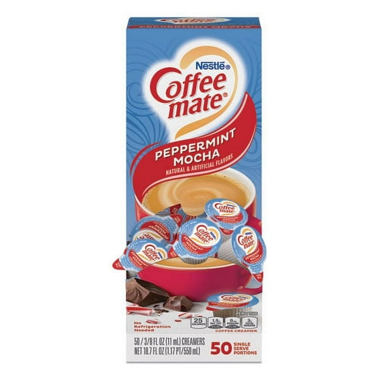 Liquid Coffee Creamer, Peppermint Mocha, 0.38 oz Mini Cups, 50/Box Liquid Coffee Creamer, Peppermint Mocha, 0.38 oz Mini Cups, 50/Box