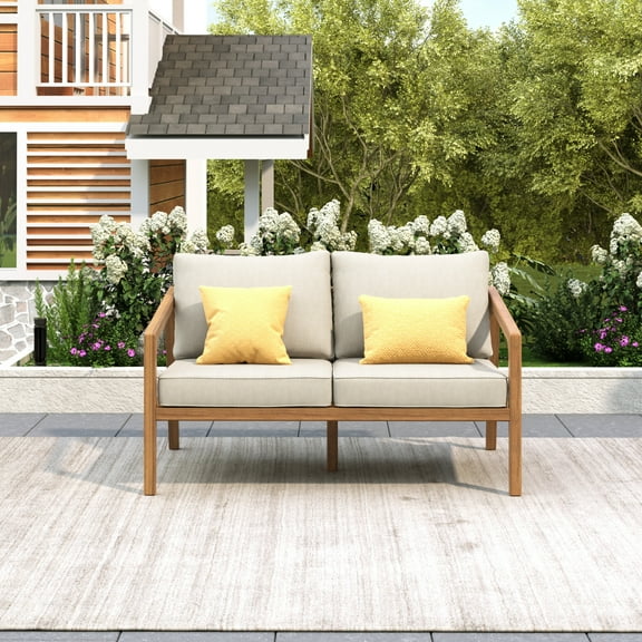 Christopher Knight Home Contemporary Outdoor Loveseat with Cushions, Solid Wood Frame, Teak  Beige