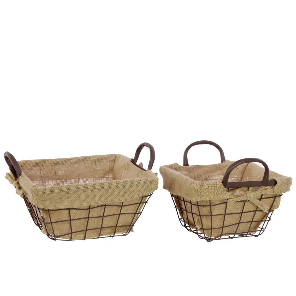 Set Of 2 Metal Wire Basket Lined With Fabric With Metal Handles