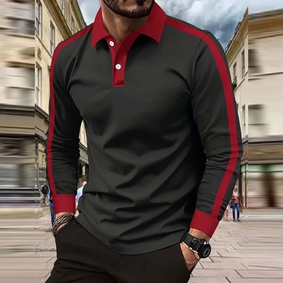 XDZJLR Men Polo Shirts Color Blocked Button Up Collar Sportswear With Long Sleeved Design Long Sleeved T Shirt Basic Men's Polo Shirts S-3Xl