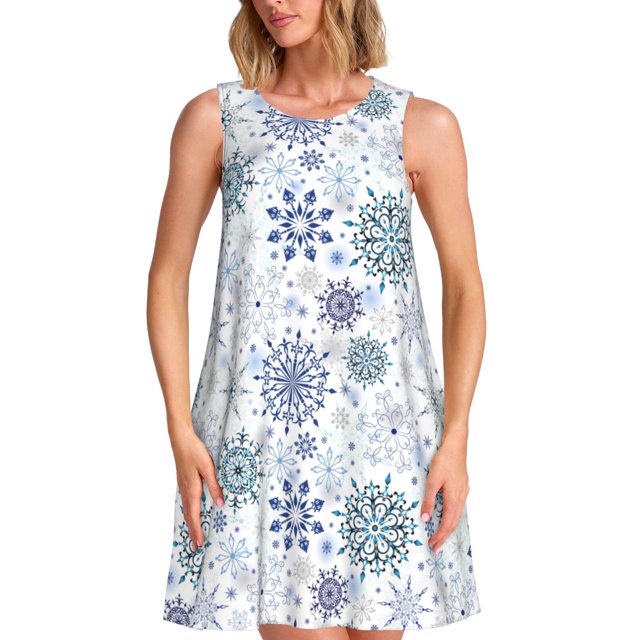 Fotbe Retro ice blue snowflakes Vestido de Verano sin Mangas para Mujer – Vestido Midi Línea A, Estilo Camiseta Floral, Vestido Playero Casual y Fluido